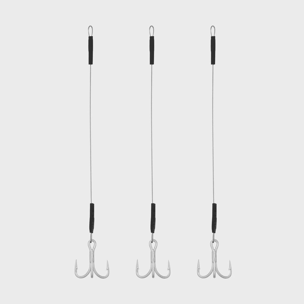 Three identical fishing hooks with triple points, suspended vertically on thin metal wires with black plastic wraps, shown against a light gray background.