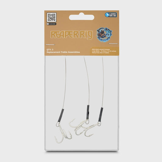 Packaged Reaperig replacement treble assemblies by LureUsIn, featuring three silver hooks with black wraps on clear plastic packaging with a tan header card.