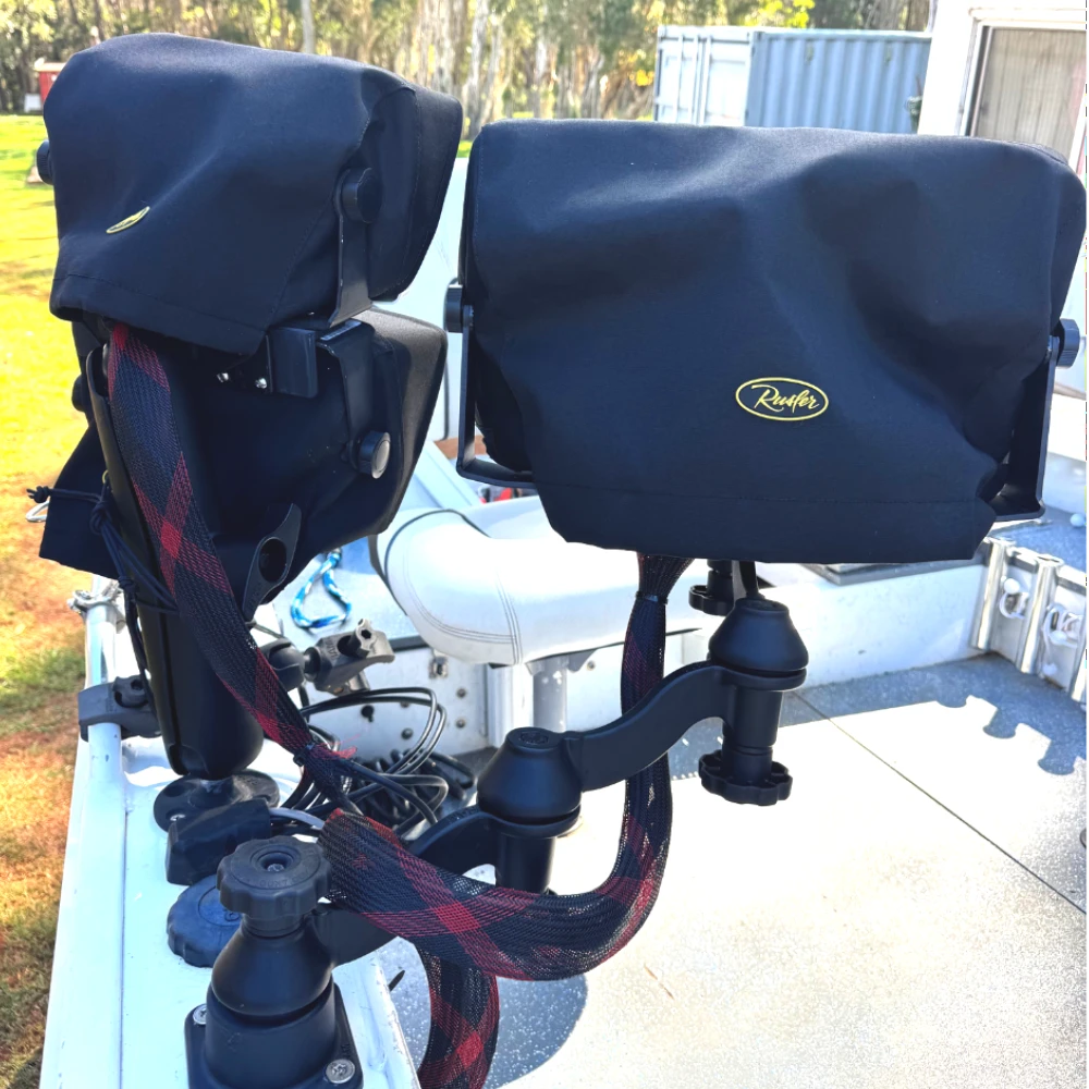 Three electronic fish finder soujnders on Ram mounts covered by Rusler covers