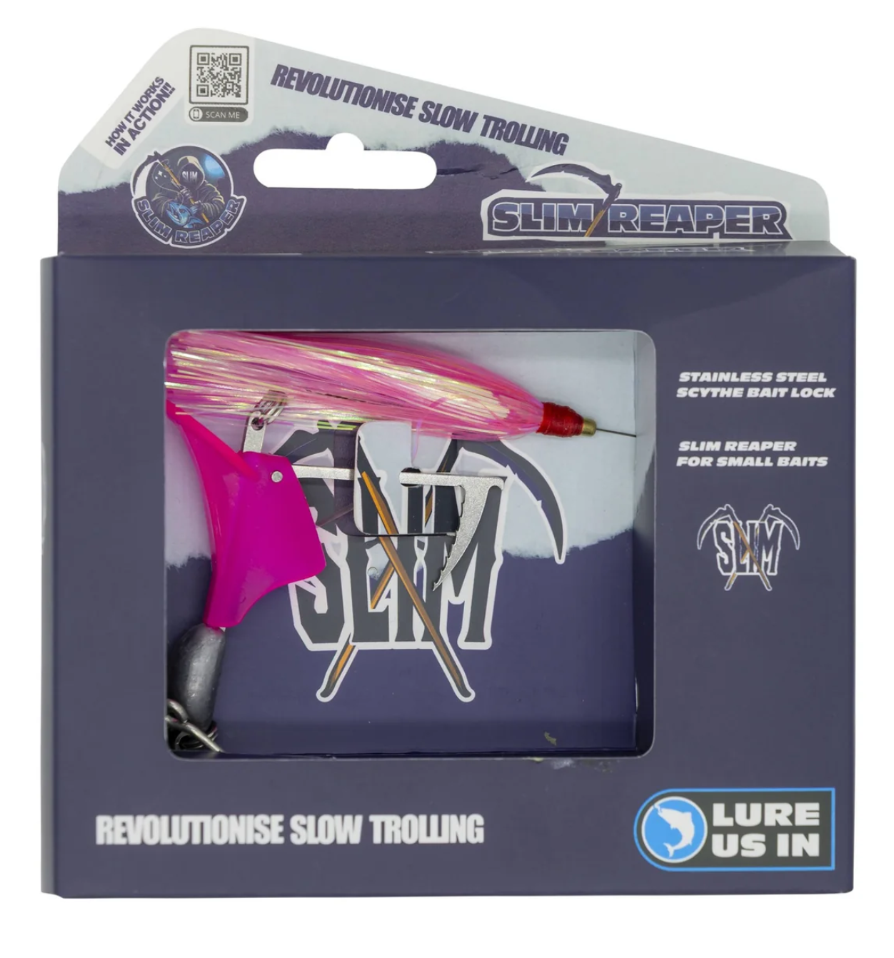 Fishing lure in packaging with 'Slim Reaper' branding on a white background